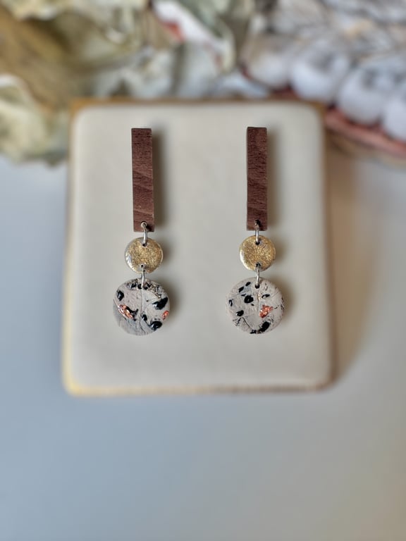 Animal Print - Walnut Gold and Jasper Drop polymer clay earrings 