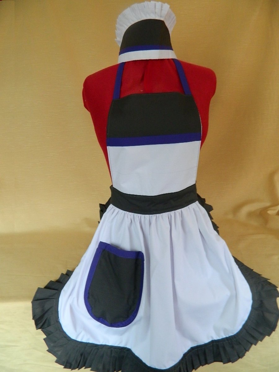 Vintage Style Maids Uniform inc Full Apron & Cap - White with Grey & Purple
