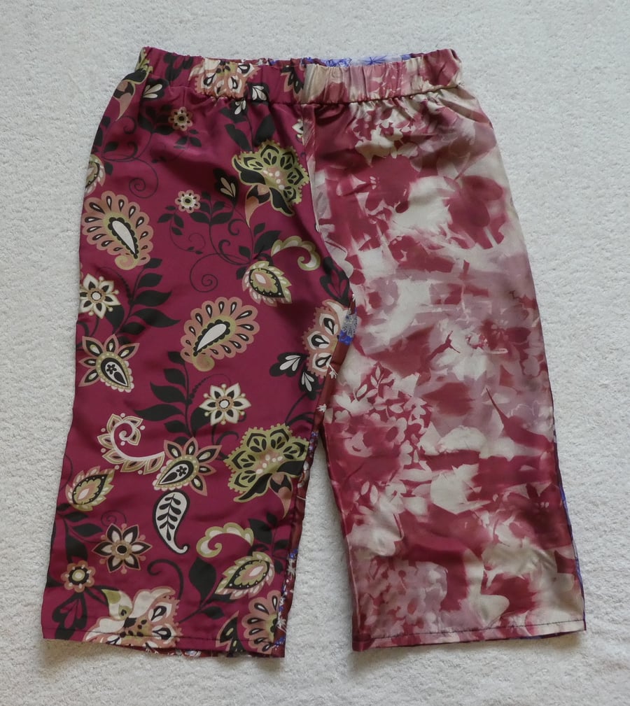 Silk Mid Length Multi Patterned Trousers Elasticated Waist. Ladies S-M. Burgungy