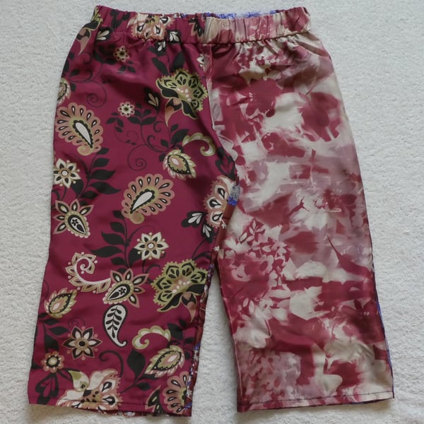 Silk Mid Length Multi Patterned Trousers Elasticated Waist. Ladies S-M. Burgungy