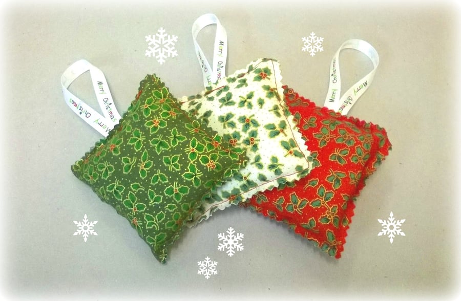 Christmas Lavender bags x 3, holly fabric with hanging ribbons