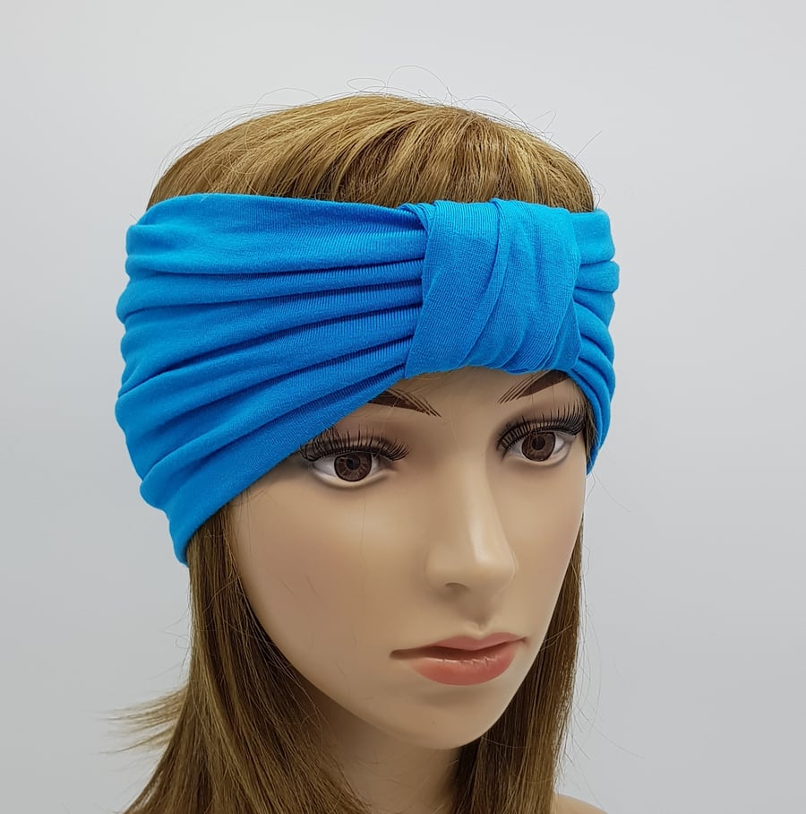 Turquoise wide headband for women, stretch viscose jersey turban headband