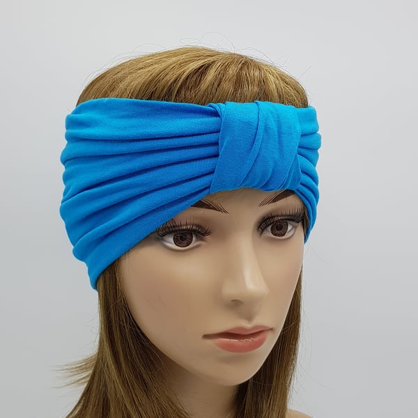 Turquoise wide headband for women, stretch viscose jersey turban headband