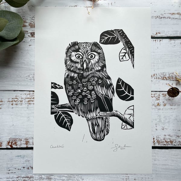 Owl lino print