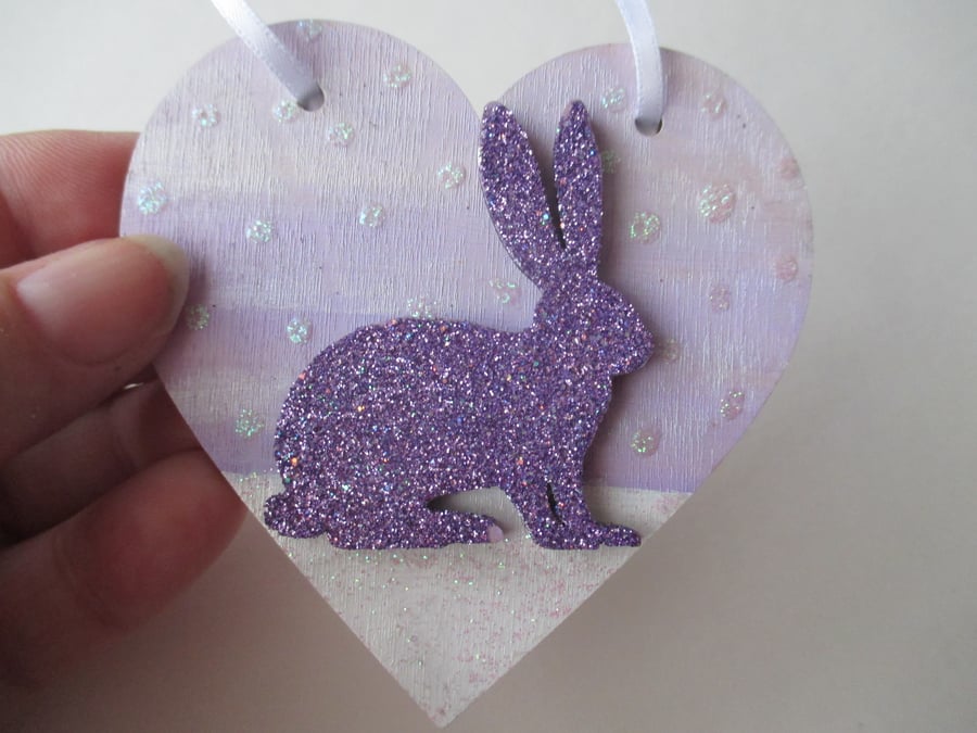 Christmas Decoration Bunny Rabbit Hanging Heart Snow Bunny White Purple