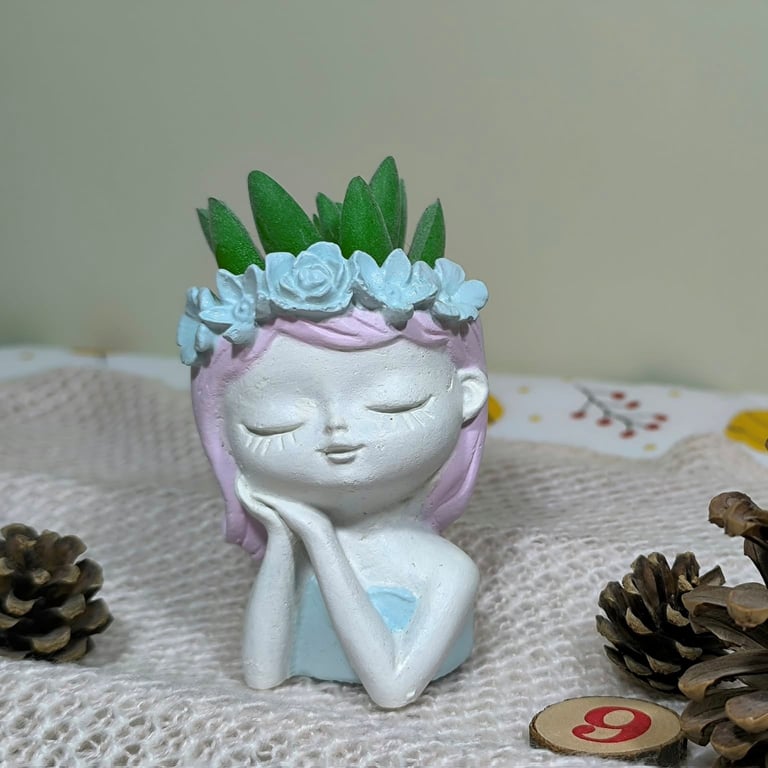 Dreamy girl planter pot with artificial succulent, pastel boho fairy home decor