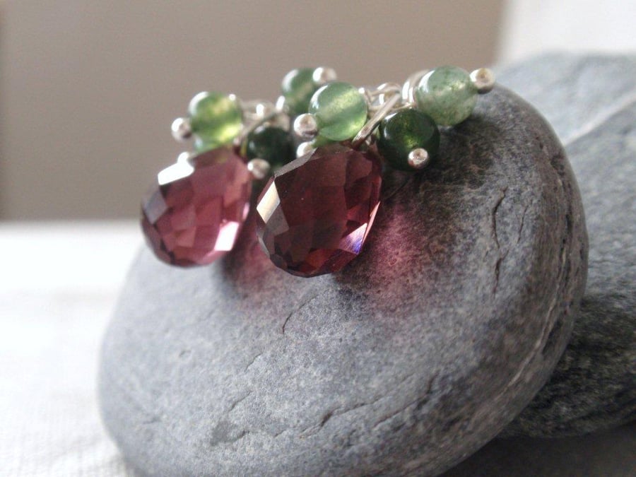 Plum Purple Crystal and Moss Agate Earrings