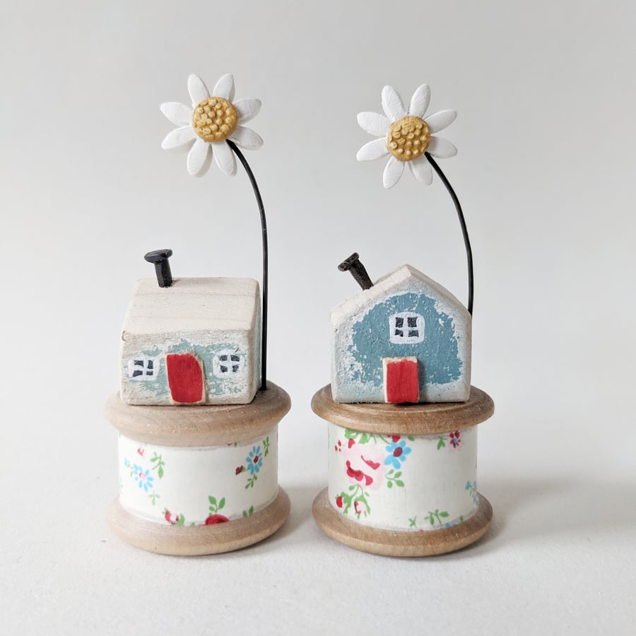 Wooden House on a Vintage Floral Bobbin with Clay Daisy
