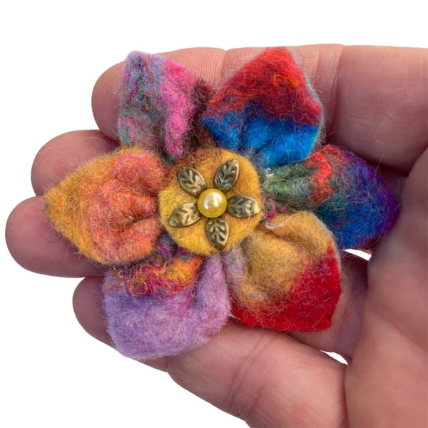 Flower Brooch, hand made multicoloured felt, pointed petals