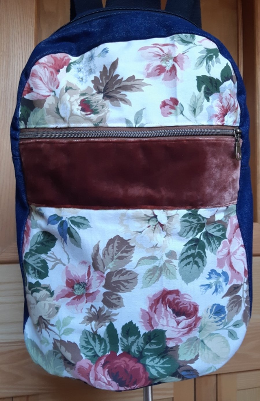 Denim and floral backpack