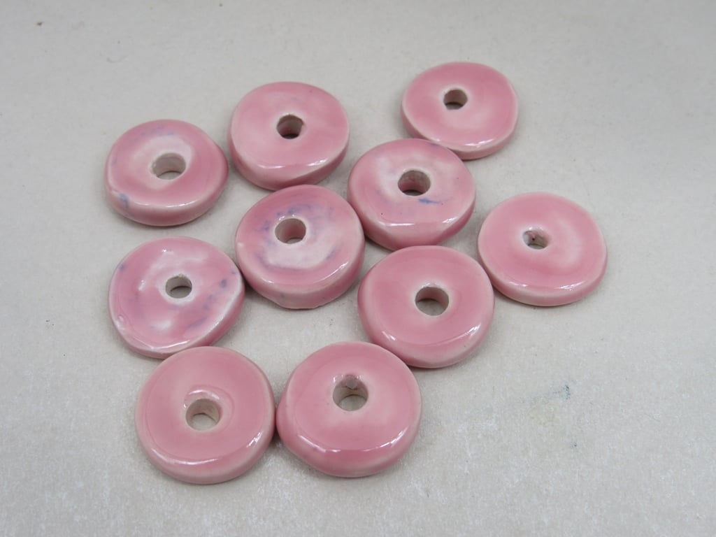 10 Medium Shell Pink Glazed Ceramic Washer Beads