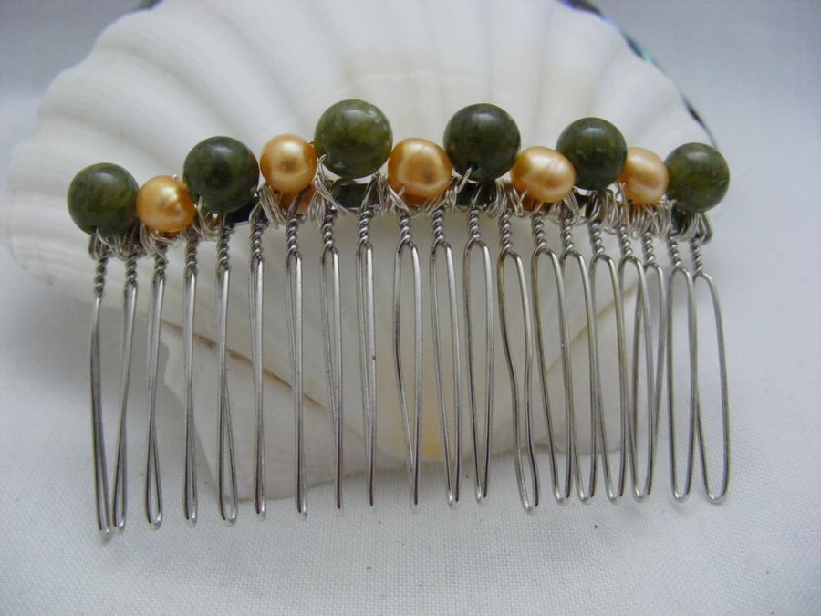 Orange Pearl and Olive Jade Hair Comb