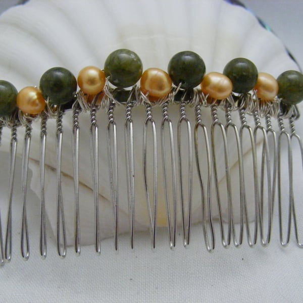 Orange Pearl and Olive Jade Hair Comb