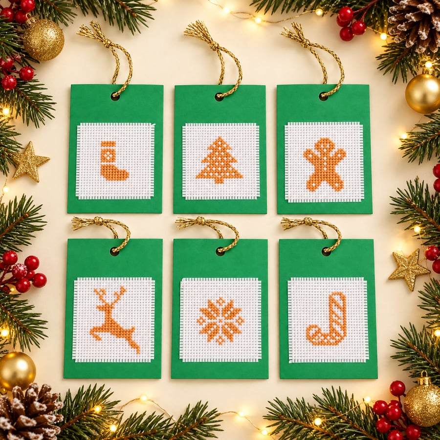 Six Large Handmade Cross-Stitch Christmas Gift Tags – Nordic-Style Designs