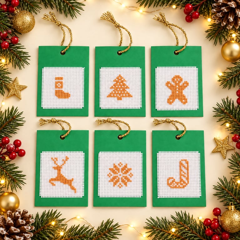 Six Large Handmade Cross-Stitch Christmas Gift Tags – Nordic-Style Designs