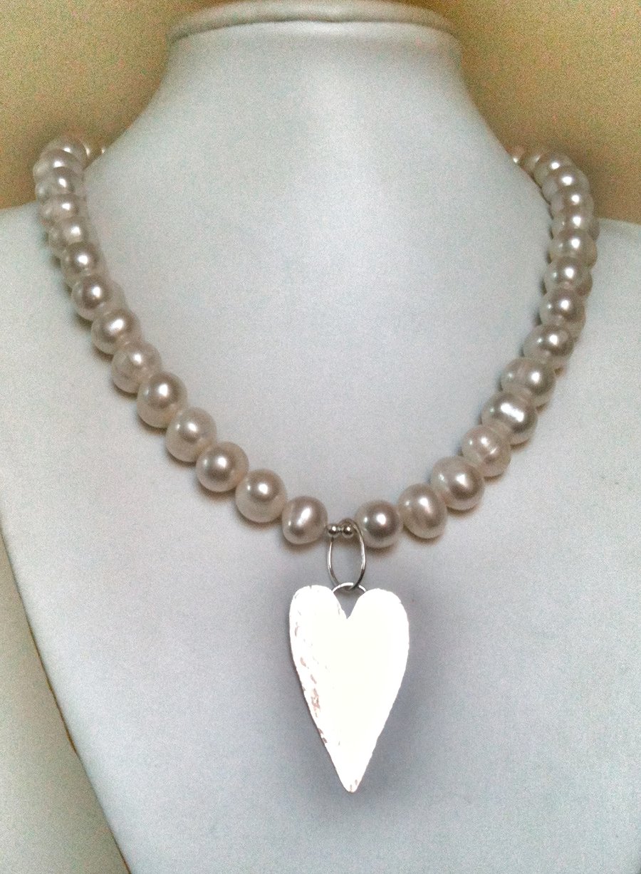 Large Pearl Necklace with Silver Heart and Bracelet 