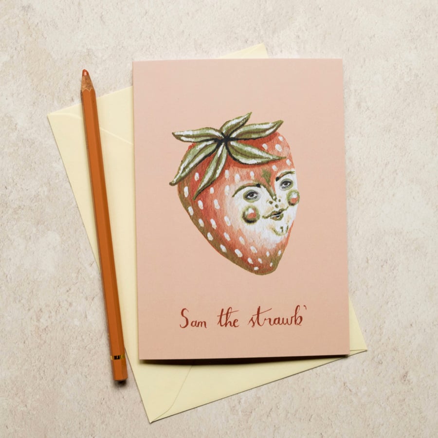 Sam the strawberry greeting note card. A6. Card for any occasion 