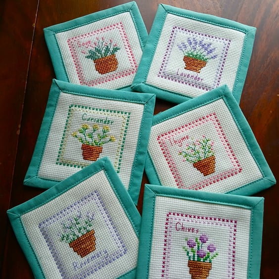 Coasters set of 6 Herb Cross Stitch Quilted Heat Resistant.
