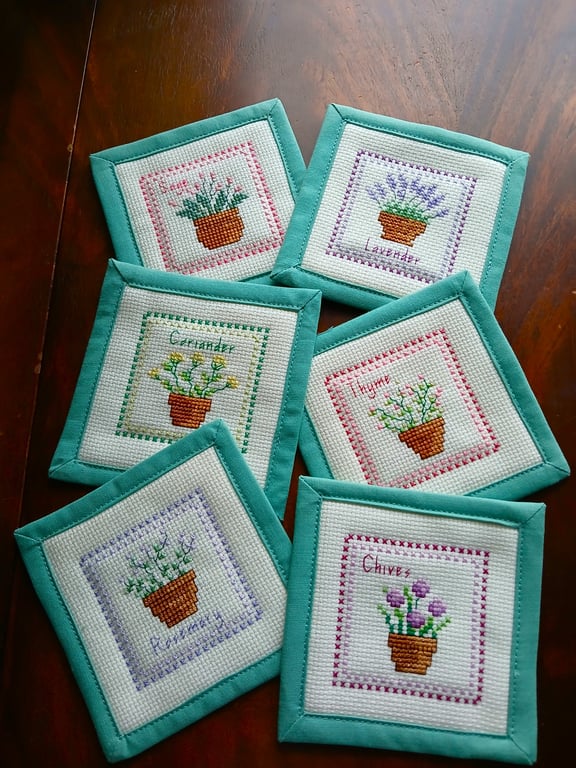 Coasters set of 6 Herb Cross Stitch Quilted Heat Resistant.