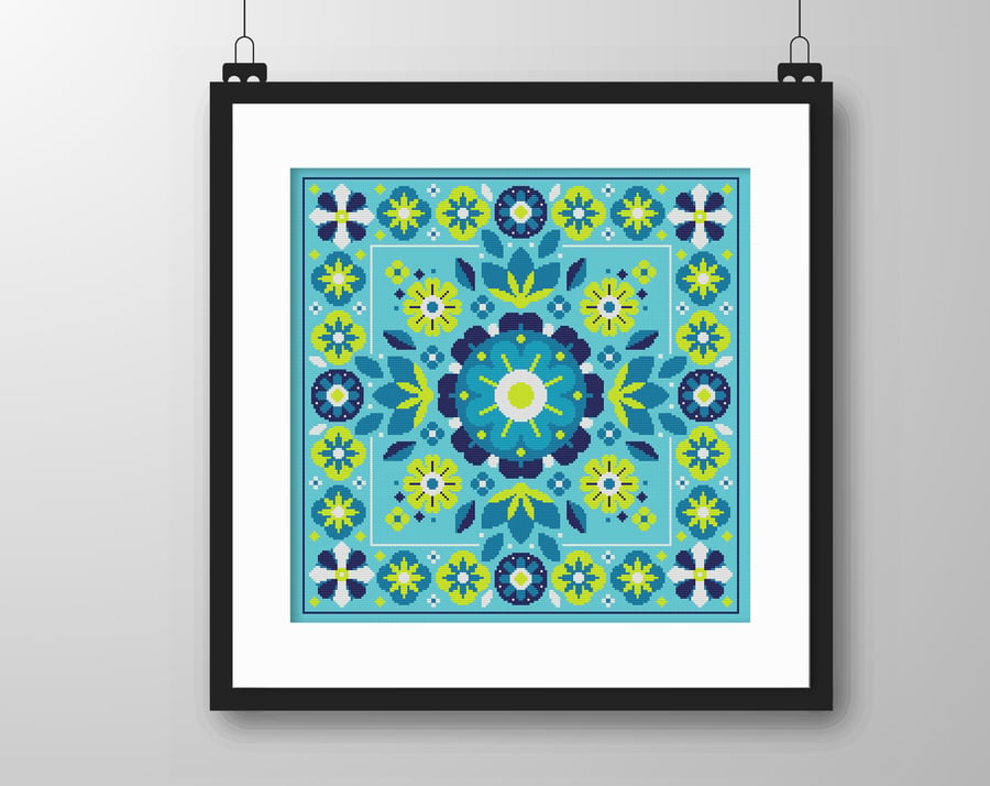 044A - Cross stitch pattern Neon blue geometric linear flower bouquet Mandalla