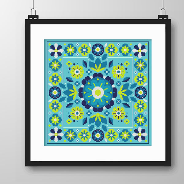 044A - Cross stitch pattern Neon blue geometric linear flower bouquet Mandalla