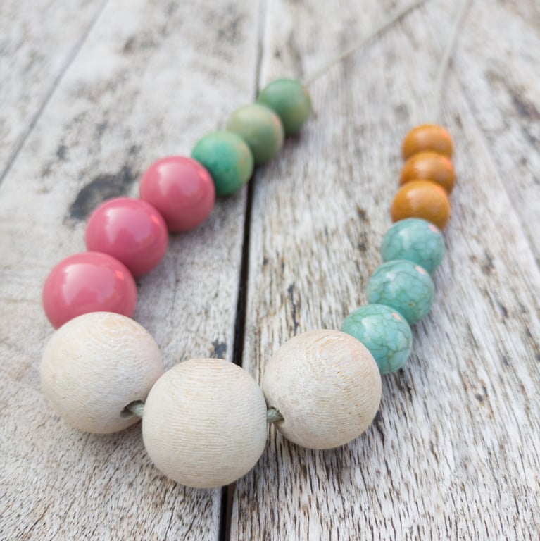 Flora - Small colourful beaded necklace, pink, blue-green, tan and white