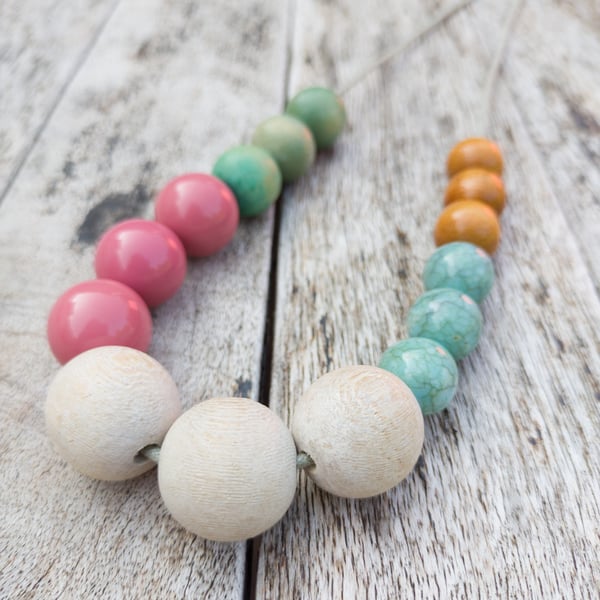 Flora - Small colourful beaded necklace, pink, blue-green, tan and white