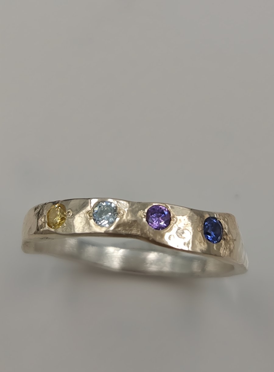 Golden Fusion Hammered Silver Ring with Cubic Zirconia - Size K