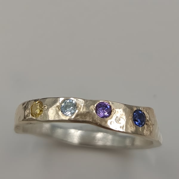 Golden Fusion Hammered Silver Ring with Cubic Zirconia - Size K