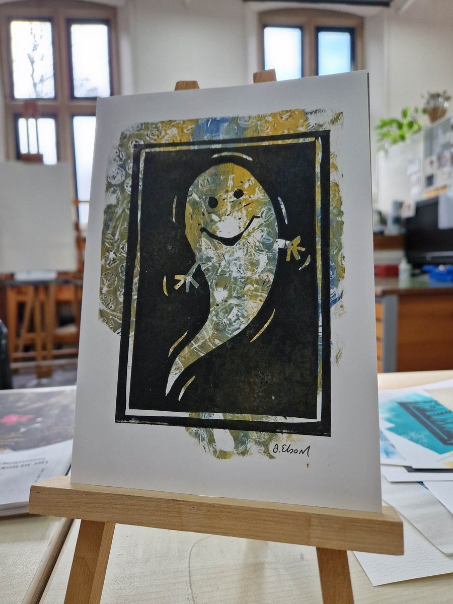 Lino print happy ghost (on gelli plate background) - size A5