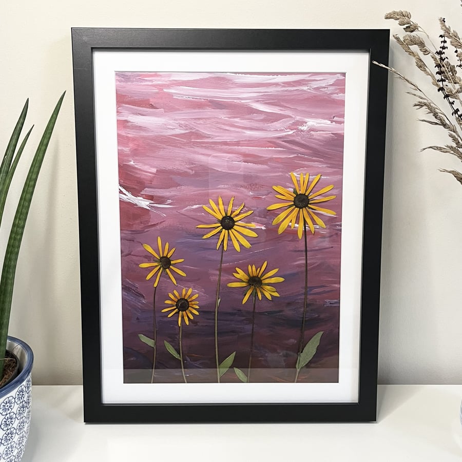 Original Acrylic Painting, Mixed Media, Purple Night Sky With Pressed Rudbeckia 