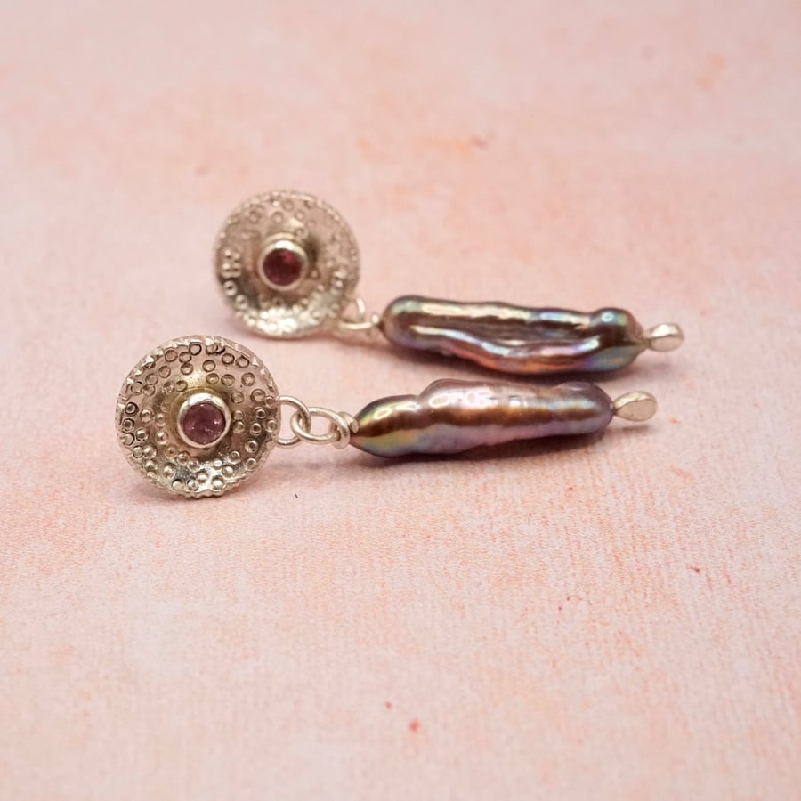 Handmade Silver Biwa Pearl & Pink Tourmaline Earrings