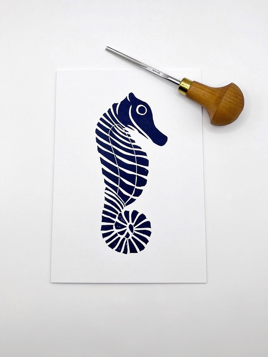 Seahorse Lino Print on an Eco Friendly Greetings Card - White