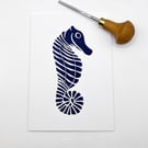 Seahorse Lino Print on an Eco Friendly Greetings Card - White