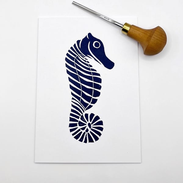 Seahorse Lino Print on an Eco Friendly Greetings Card - White
