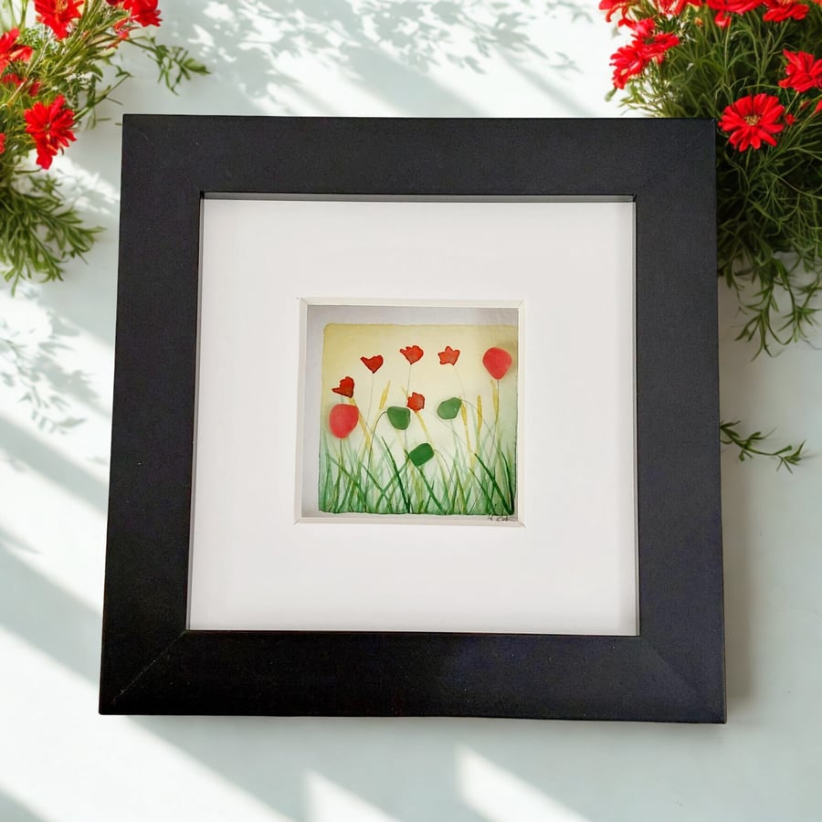 Sea Glass Poppy Picture, Miniature Watercolour Floral Art, Meaningful Gift