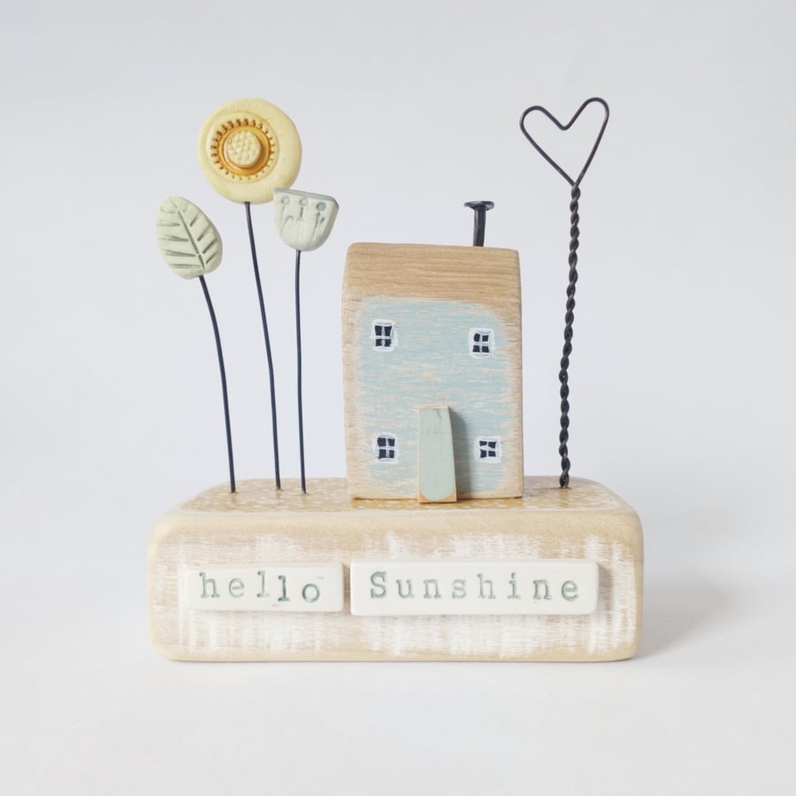 Little wooden house with sunflower garden 'hello sunshine' 
