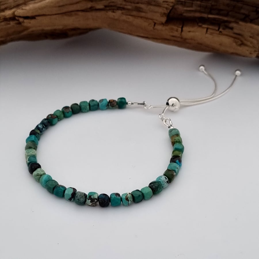 Natural Turquoise Beaded Bracelet with Adjustable Slider Clasp, Sterling Silver