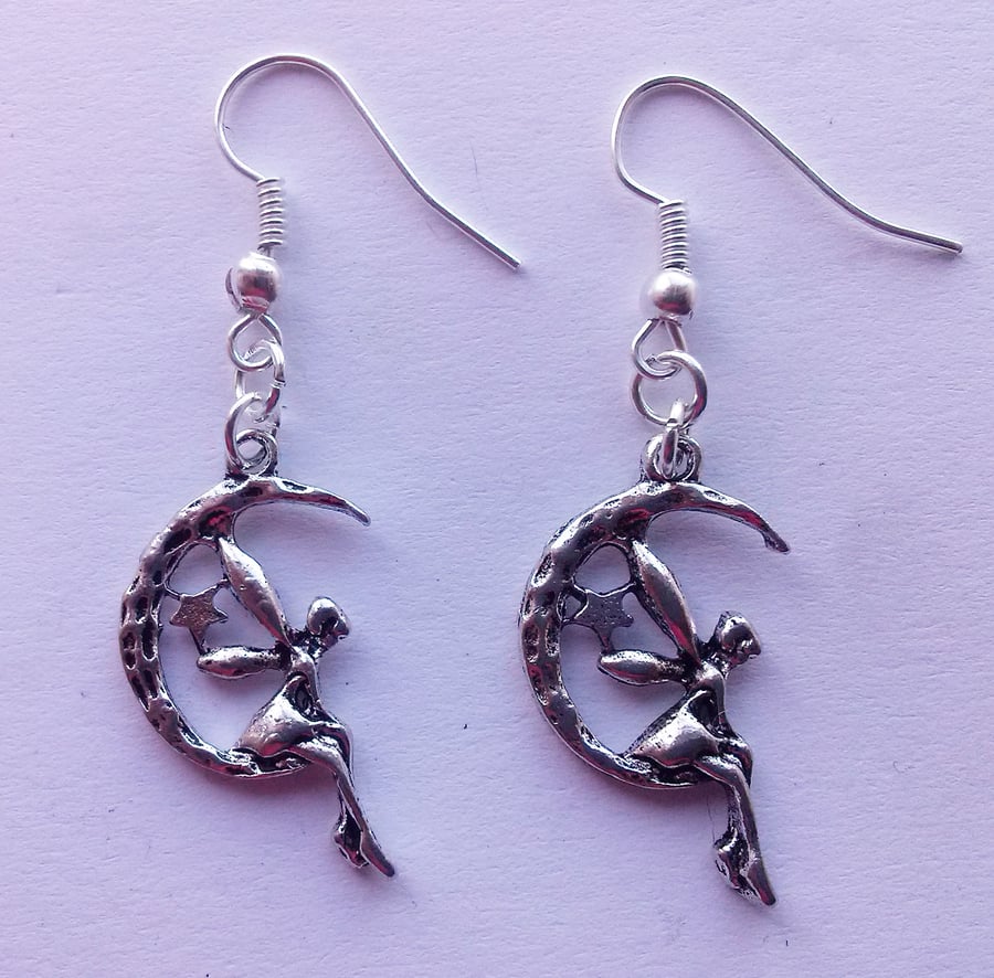 Moon Fairy Silver Plate Celestial Dangle Earrings