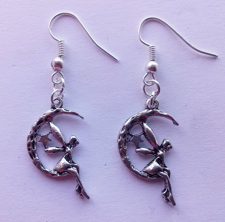 Moon Fairy Silver Plate Celestial Dangle Earrings