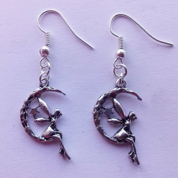 Moon Fairy Silver Plate Celestial Dangle Earrings