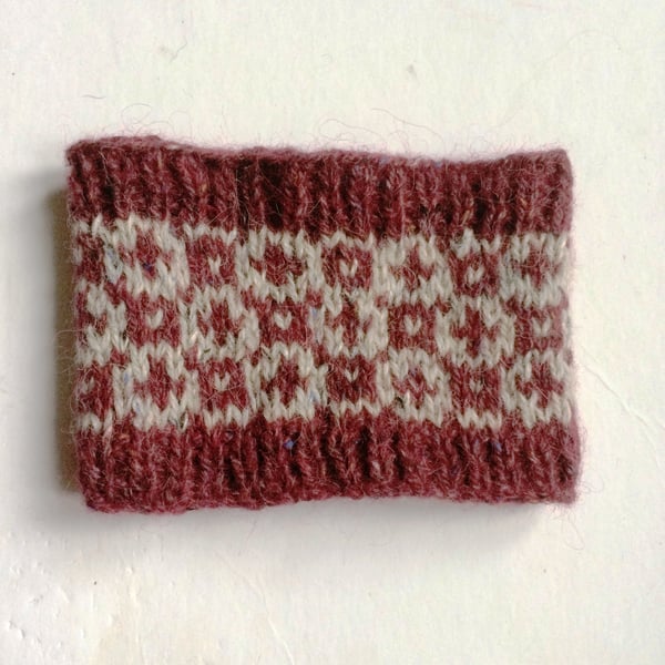 Dark Red Sheep mug hug , fair isle knitted cosie