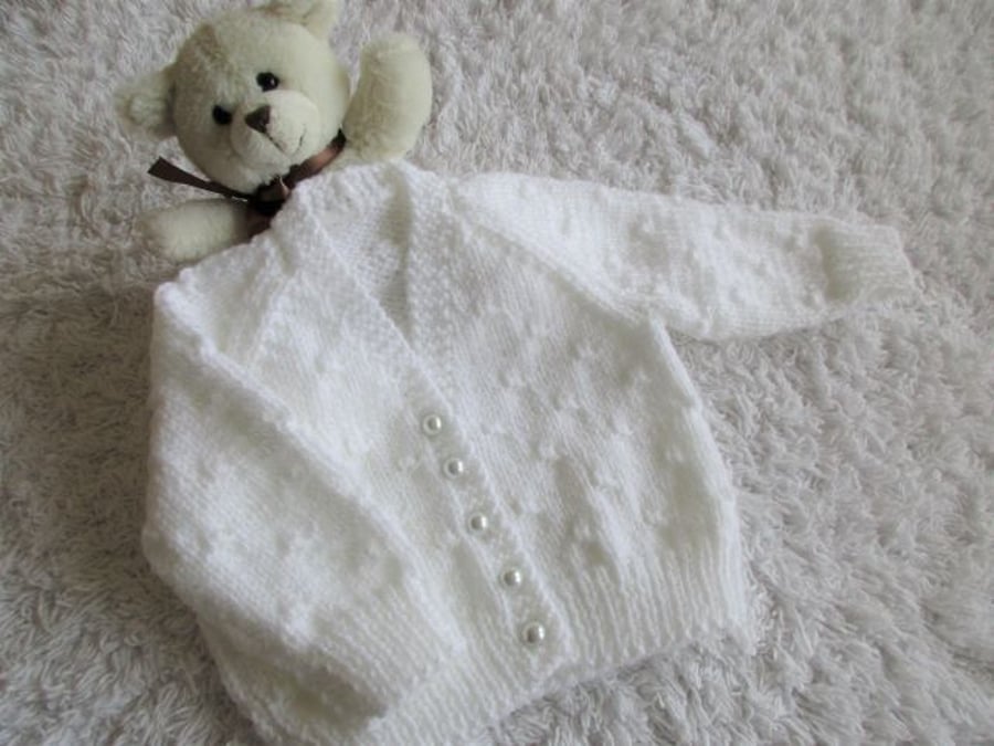 16" White Baby Girls Knots Patterned V Neck Cardigan