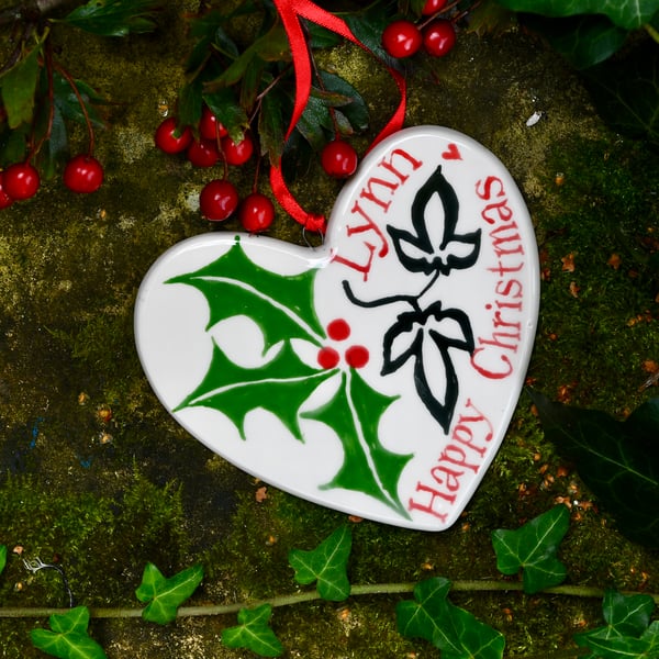 Personalised Holly and Ivy Heart - Hand Painted