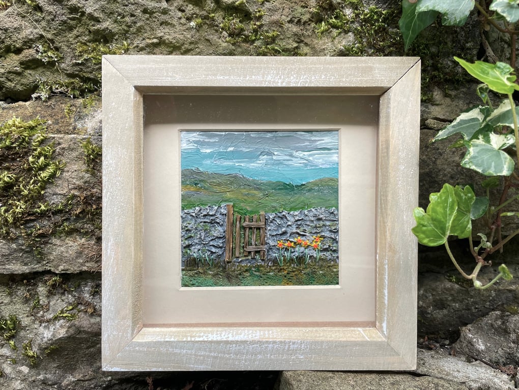 Narrow gate with dafodils: mixed media