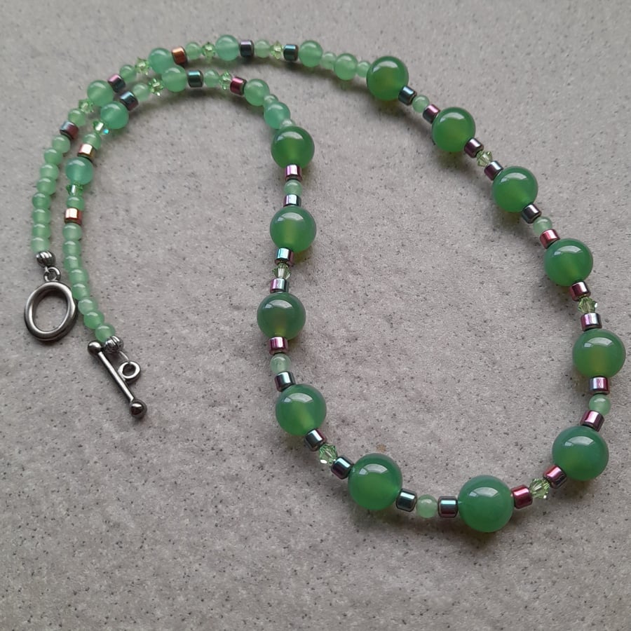 Green Agate Haematite Aventurine and Crystal Beaded Necklace 