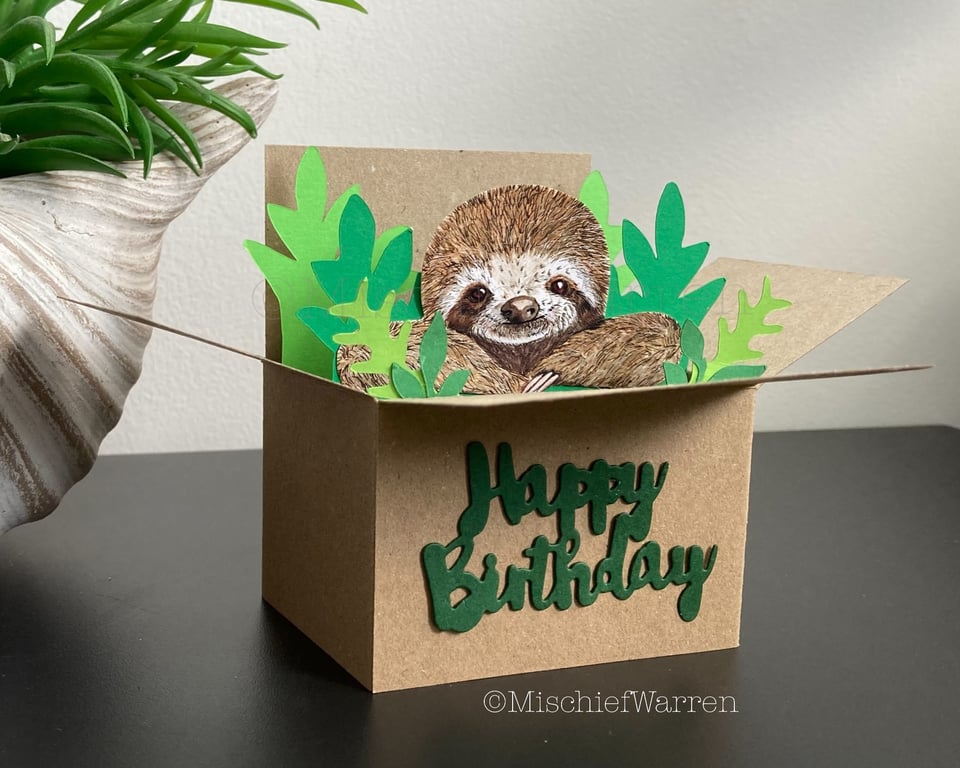 Sloth Card - Personalised 3D sloth in a box card or birthday gift card holder.