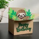 Sloth card; Birthday, Personalised or Blank. Sloth in a box gift card holder.