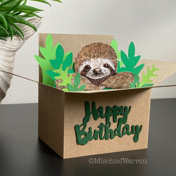 Sloth Card - Personalised 3D sloth in a box card or birthday gift card holder.