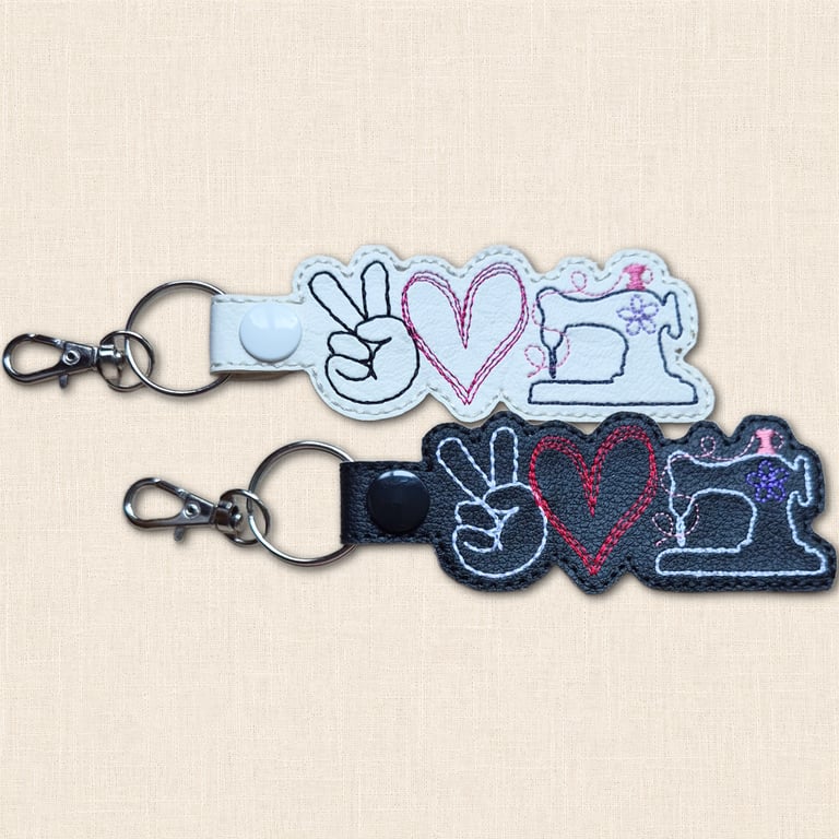 Sewing Machine Keyring - Peace Love Sewing Faux Leather Bag Charm